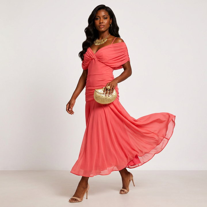 Flutter Sleeve Ruched Maxi Dress for Weddings and Elegant Evening Events Women-Vyana Collective