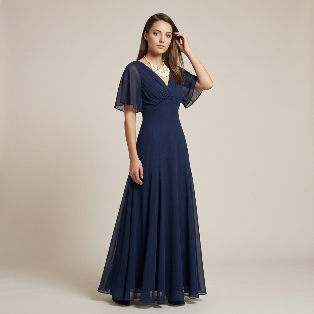 Flutter Sleeve Ruched Maxi Dress for Weddings and Elegant Evening Events Women-Vyana Collective