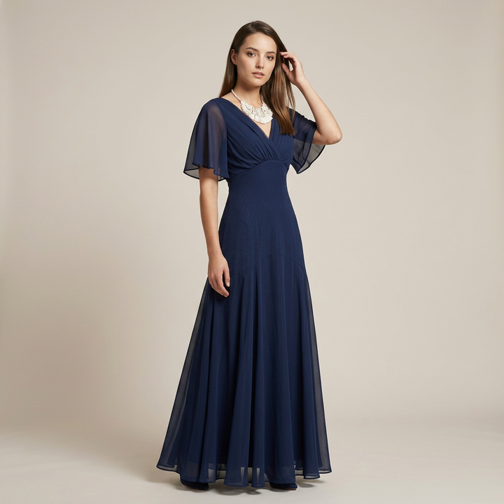 Flutter Sleeve Ruched Maxi Dress for Weddings and Elegant Evening Events Women-Vyana Collective