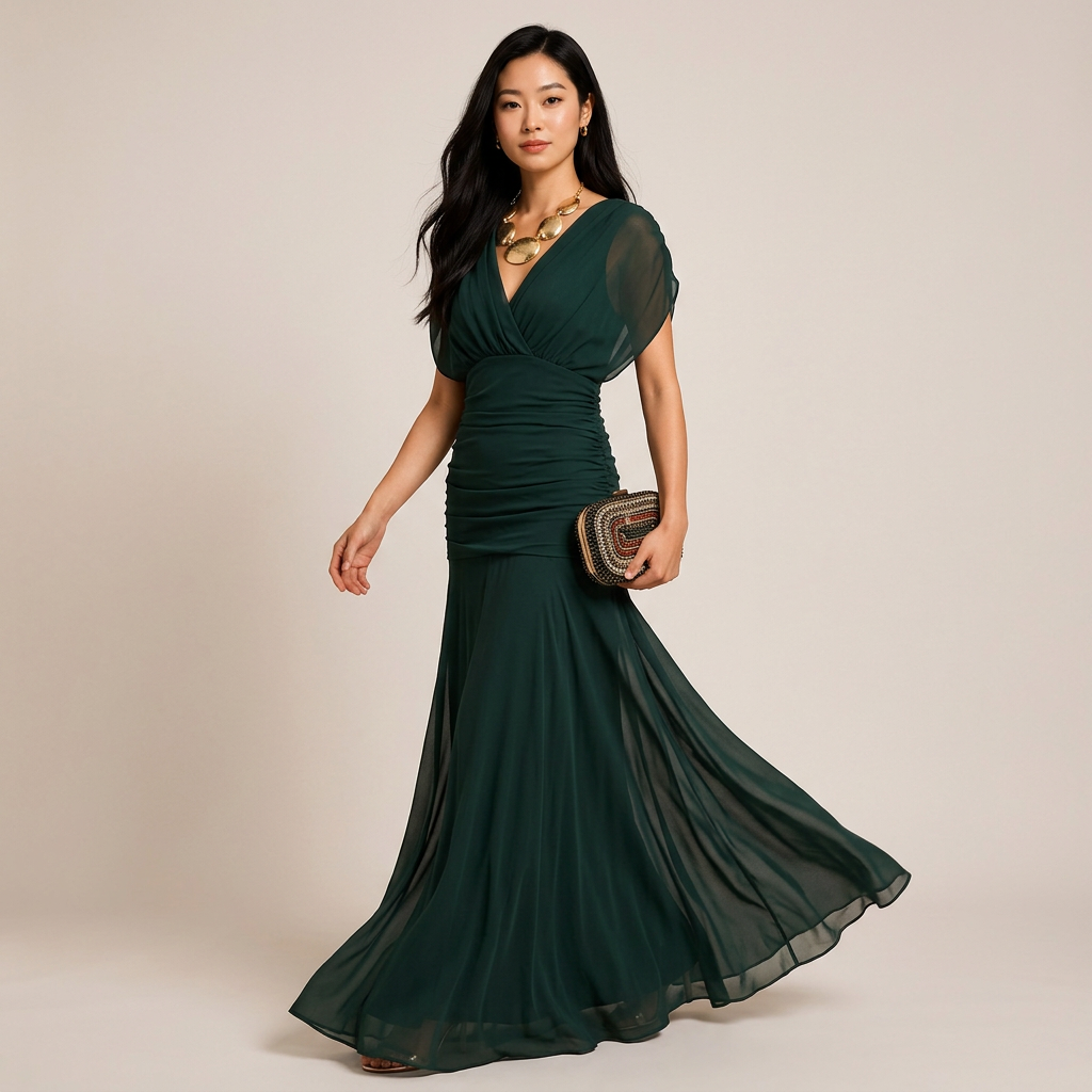 Flutter Sleeve Ruched Maxi Dress for Weddings and Elegant Evening Events Women-Vyana Collective