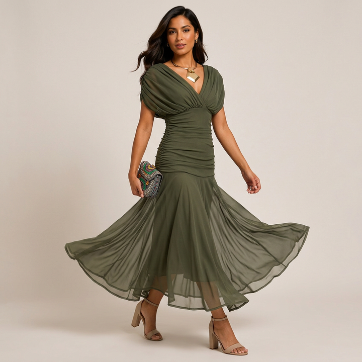 Flutter Sleeve Ruched Maxi Dress for Weddings and Elegant Evening Events Women-Vyana Collective