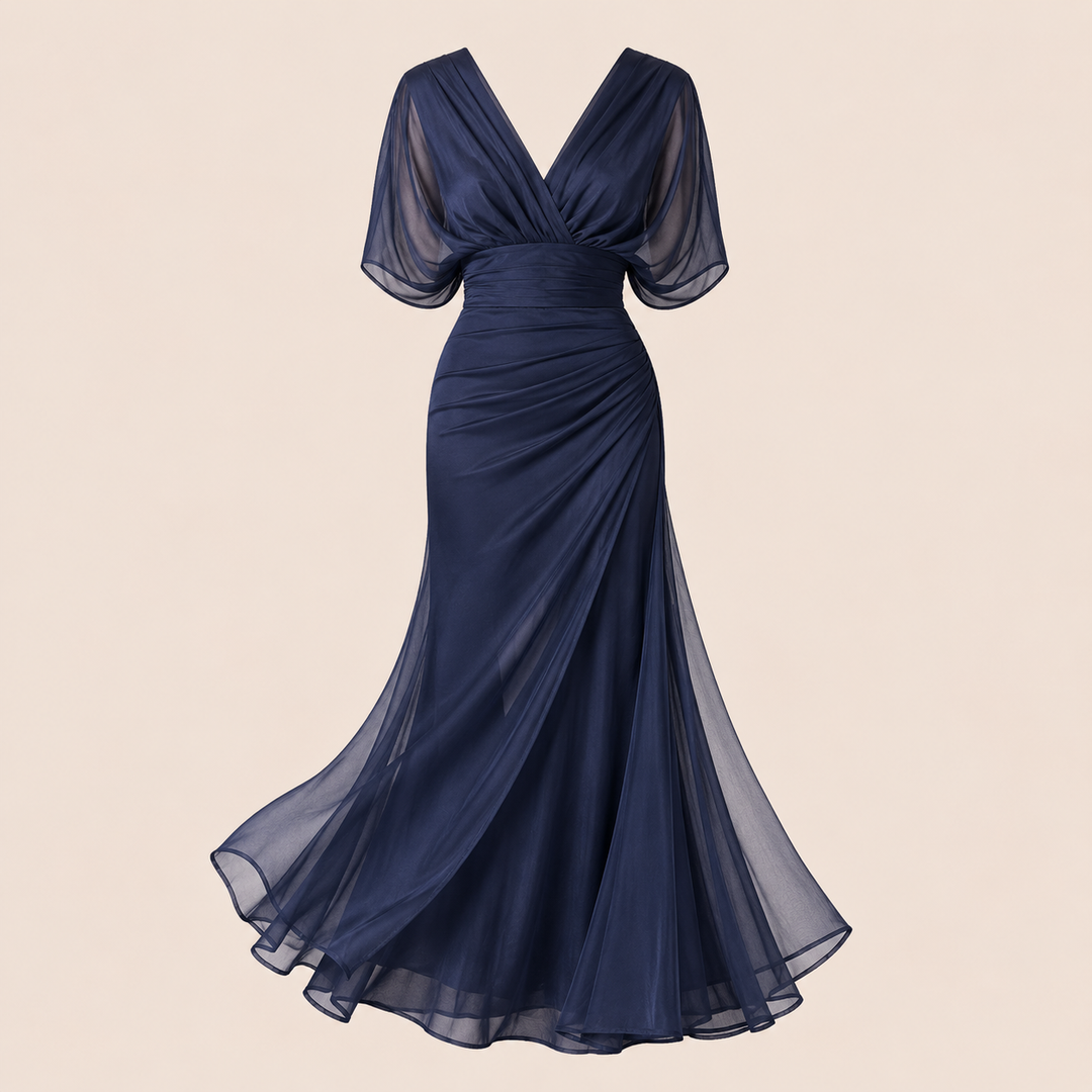 Flutter Sleeve Ruched Maxi Dress for Weddings and Elegant Evening Events Women-Vyana Collective