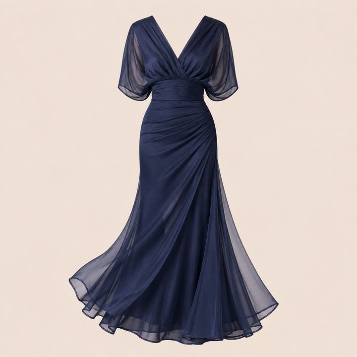 Flutter Sleeve Ruched Maxi Dress for Weddings and Elegant Evening Events Women-Vyana Collective