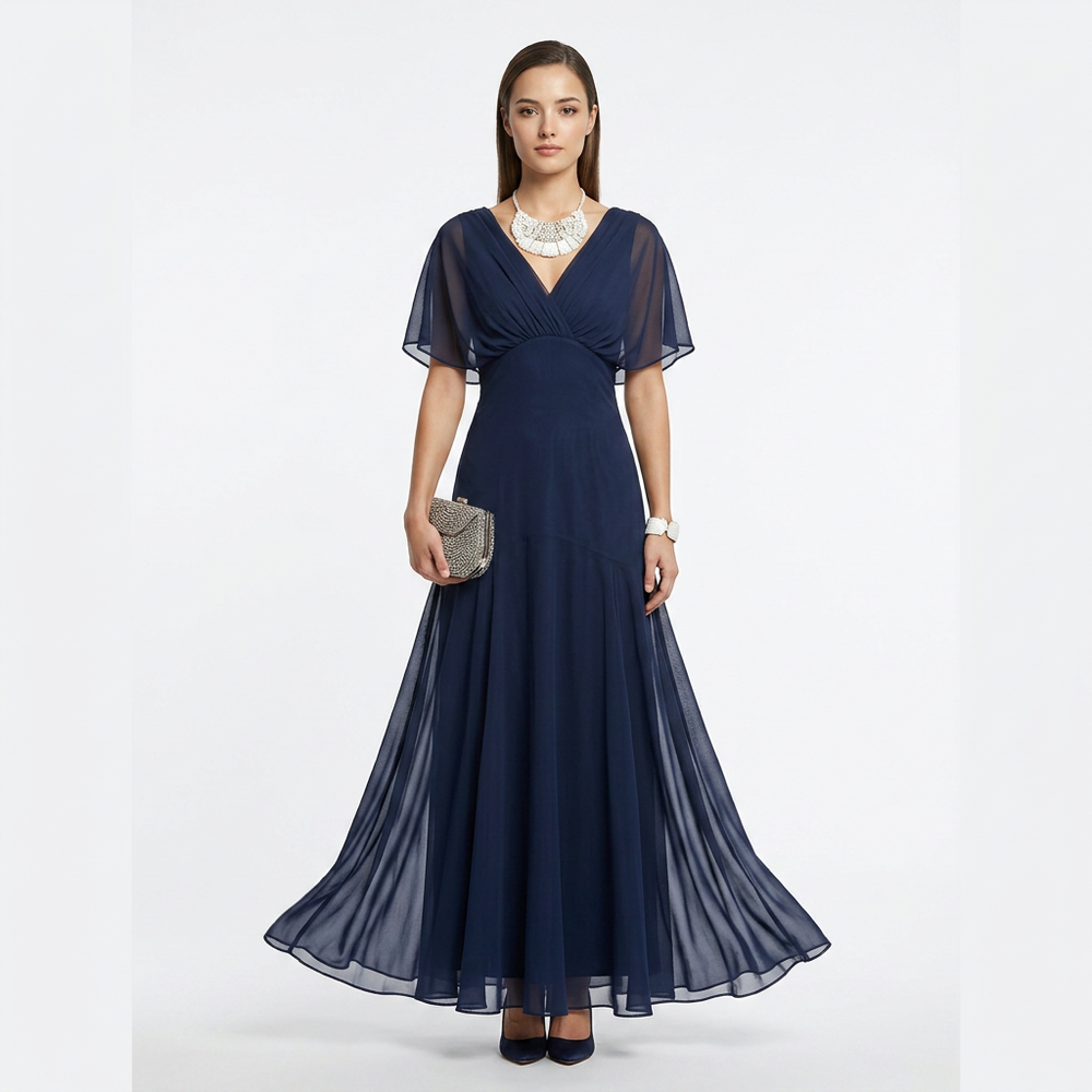 Flutter Sleeve Ruched Maxi Dress for Weddings and Elegant Evening Events Women-Vyana Collective