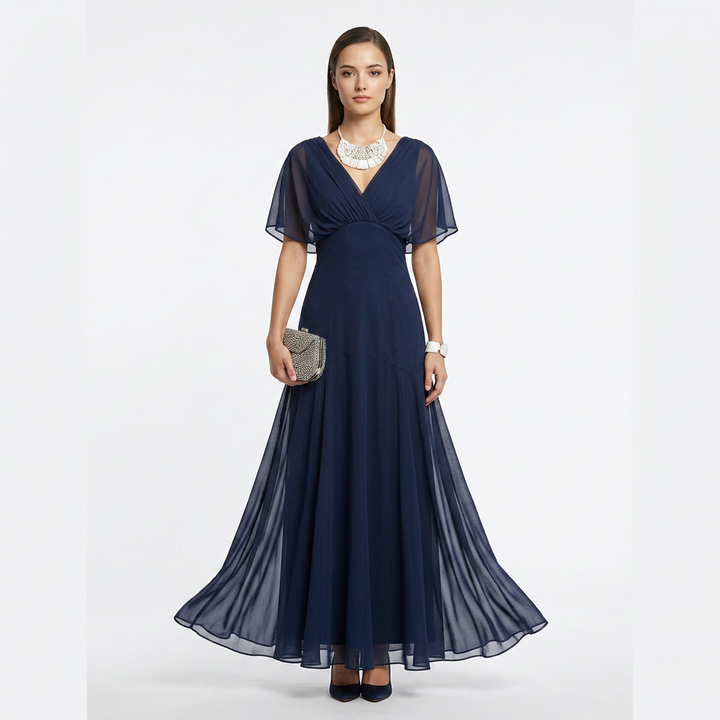 Flutter Sleeve Ruched Maxi Dress for Weddings and Elegant Evening Events Women-Vyana Collective