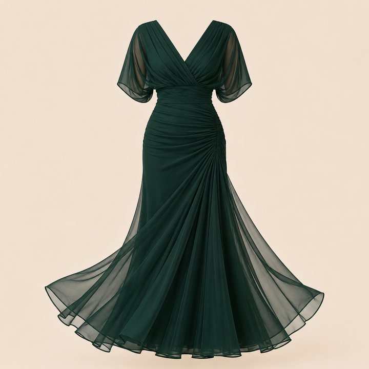 Flutter Sleeve Ruched Maxi Dress for Weddings and Elegant Evening Events Women-Vyana Collective