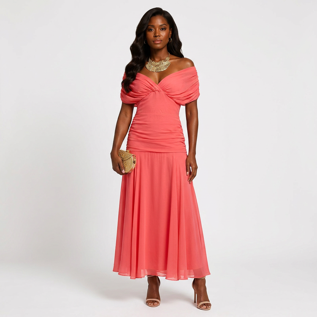 Flutter Sleeve Ruched Maxi Dress for Weddings and Elegant Evening Events Women-Vyana Collective