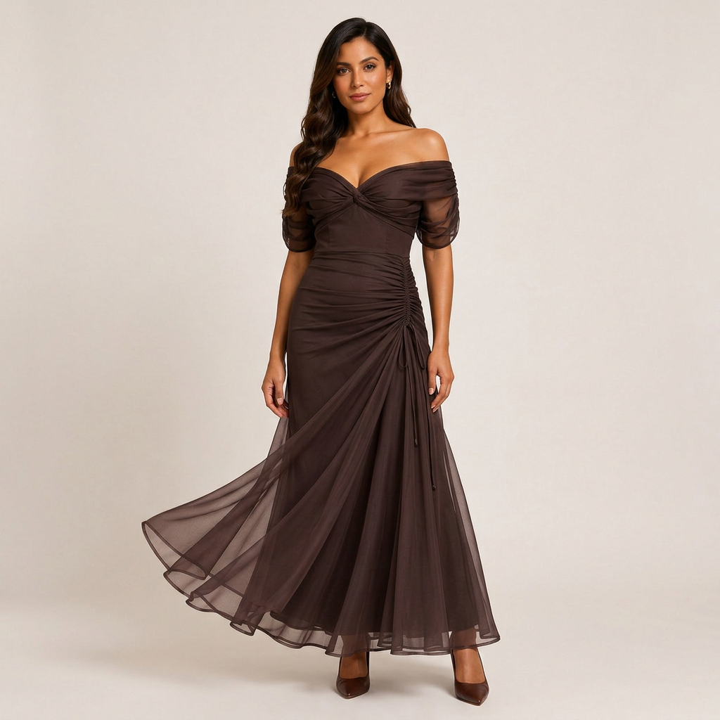 Flutter Sleeve Ruched Maxi Dress for Weddings and Elegant Evening Events Women-Vyana Collective