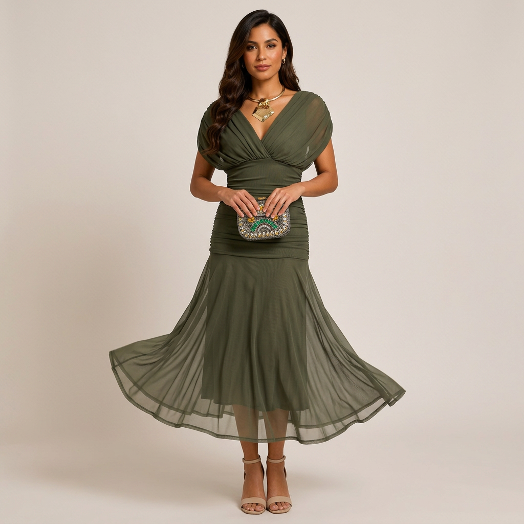 Flutter Sleeve Ruched Maxi Dress for Weddings and Elegant Evening Events Women-Vyana Collective