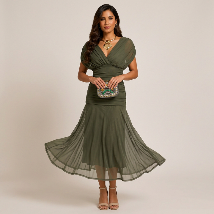 Flutter Sleeve Ruched Maxi Dress for Weddings and Elegant Evening Events Women-Vyana Collective