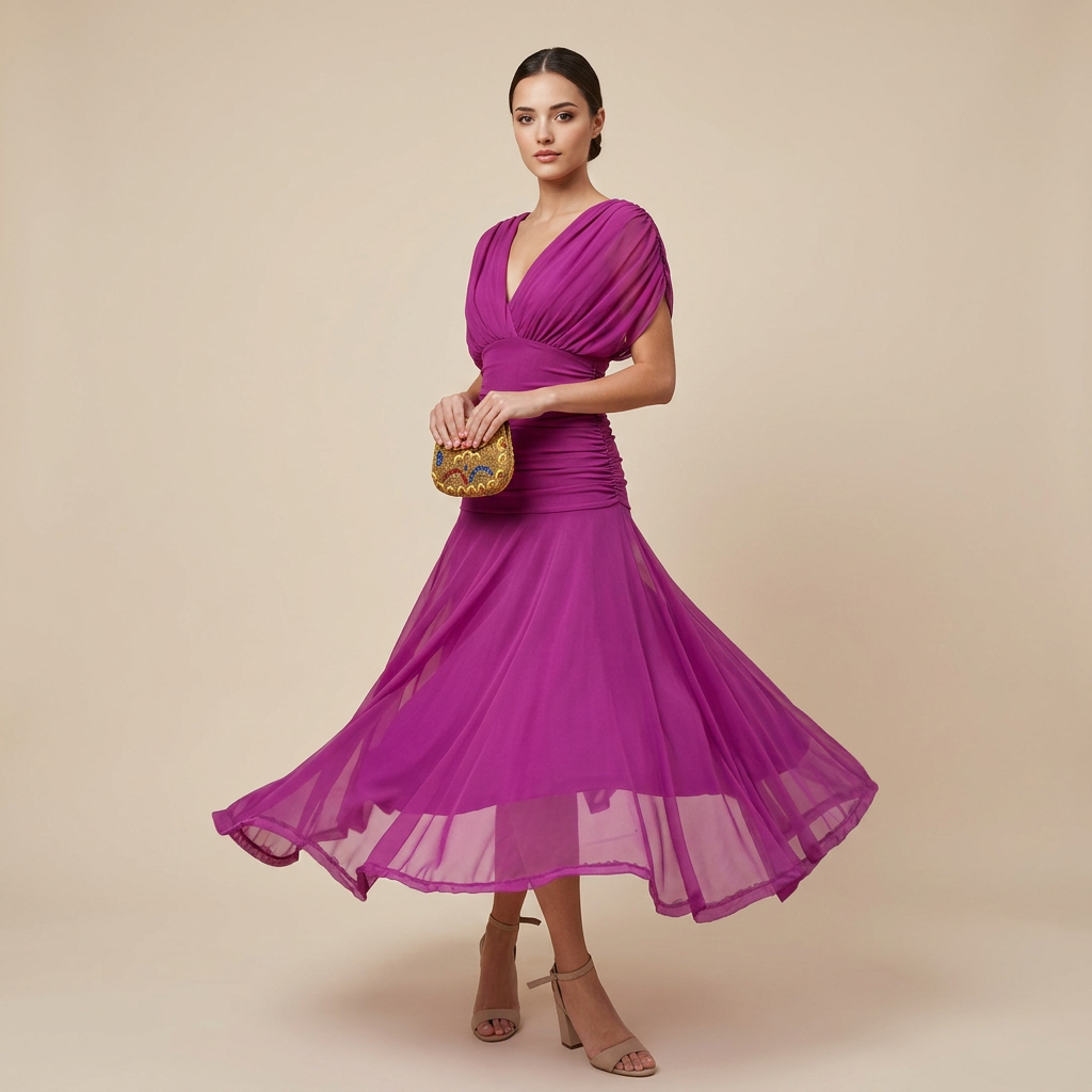 Flutter Sleeve Ruched Maxi Dress for Weddings and Elegant Evening Events Women-Vyana Collective