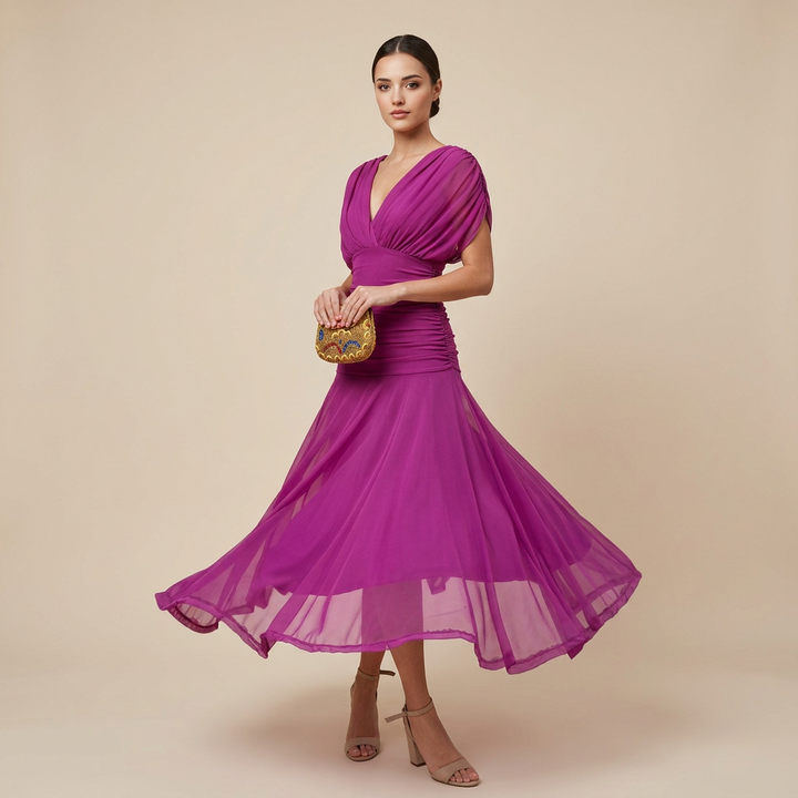 Flutter Sleeve Ruched Maxi Dress for Weddings and Elegant Evening Events Women-Vyana Collective