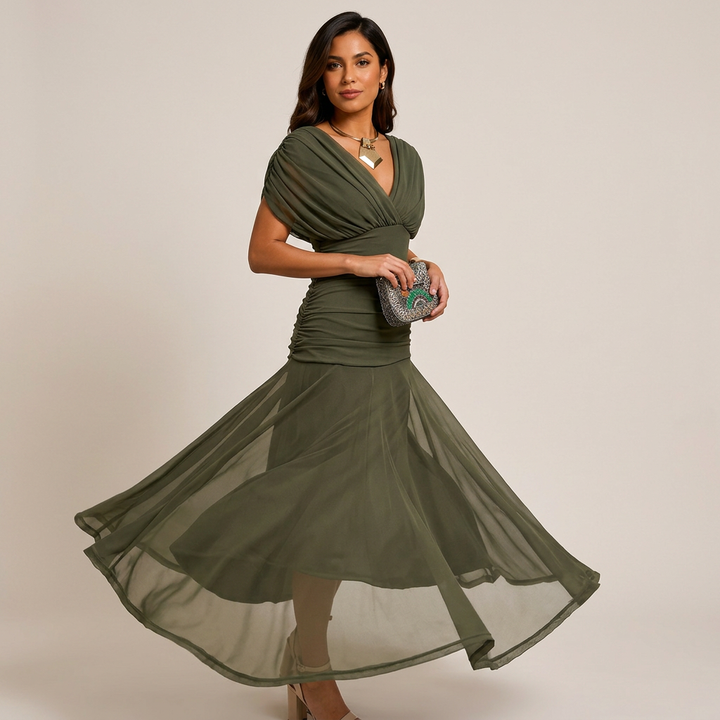 Flutter Sleeve Ruched Maxi Dress for Weddings and Elegant Evening Events Women-Vyana Collective