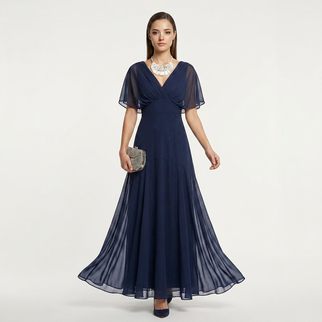 Flutter Sleeve Ruched Maxi Dress for Weddings and Elegant Evening Events Women-Vyana Collective