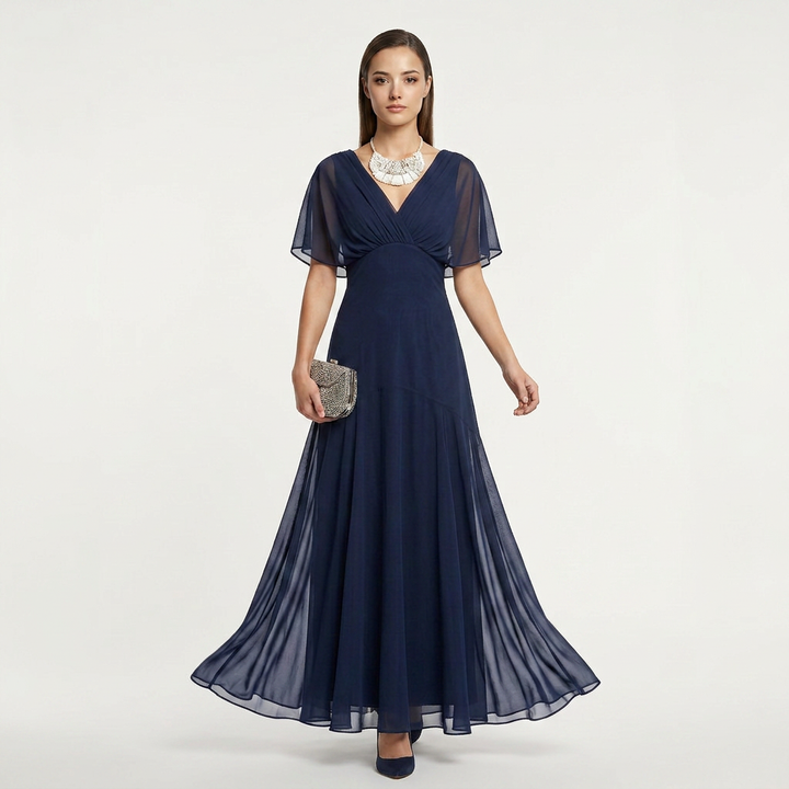 Flutter Sleeve Ruched Maxi Dress for Weddings and Elegant Evening Events Women-Vyana Collective