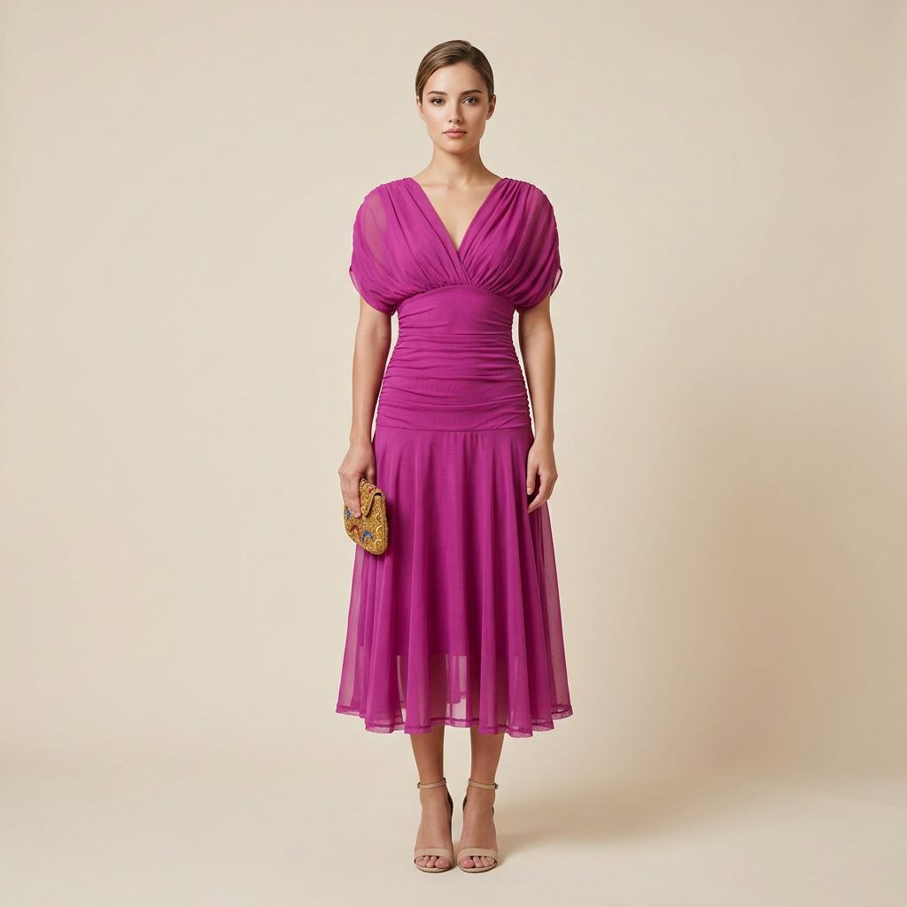 Flutter Sleeve Ruched Maxi Dress for Weddings and Elegant Evening Events Women-Vyana Collective