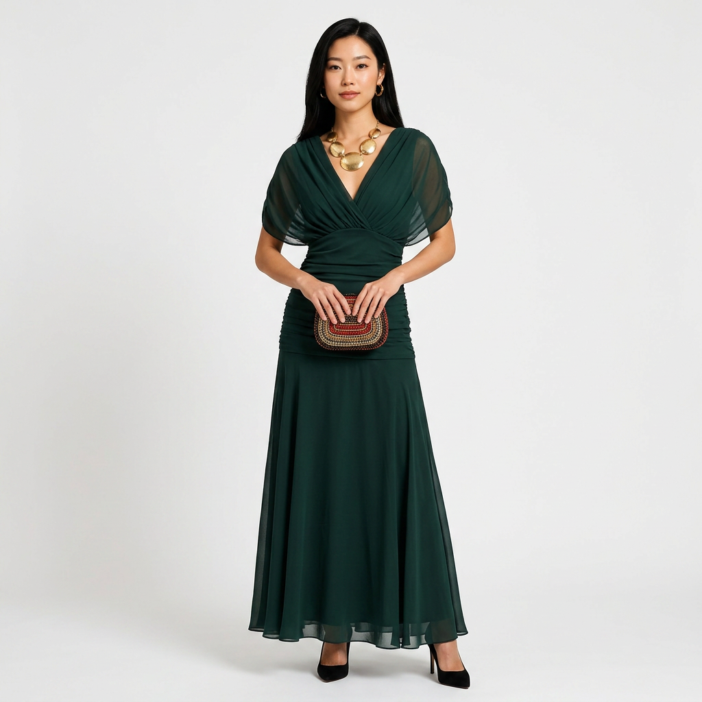 Flutter Sleeve Ruched Maxi Dress for Weddings and Elegant Evening Events Women-Vyana Collective