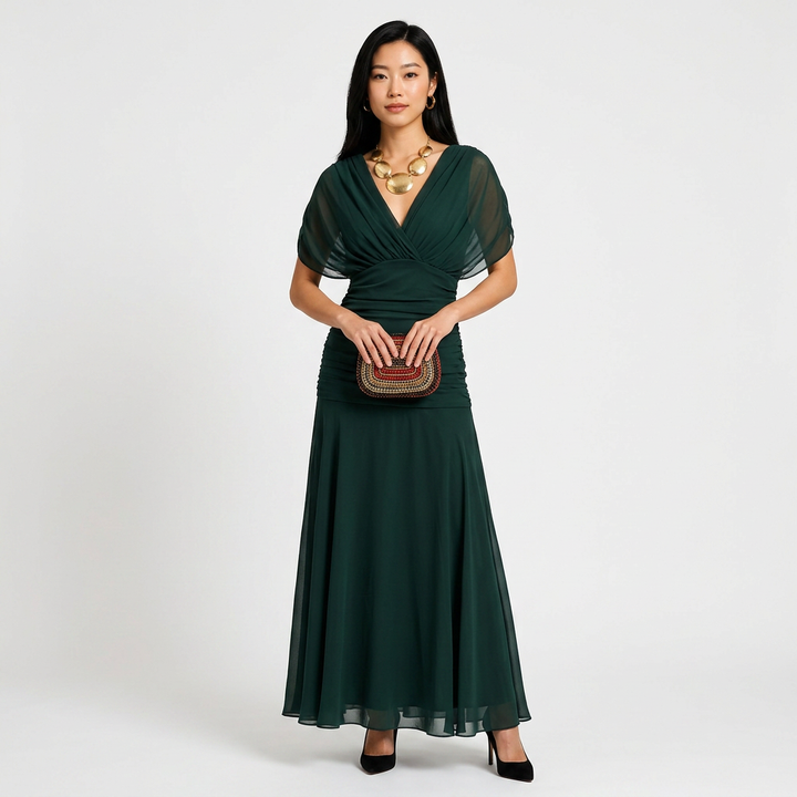 Flutter Sleeve Ruched Maxi Dress for Weddings and Elegant Evening Events Women-Vyana Collective