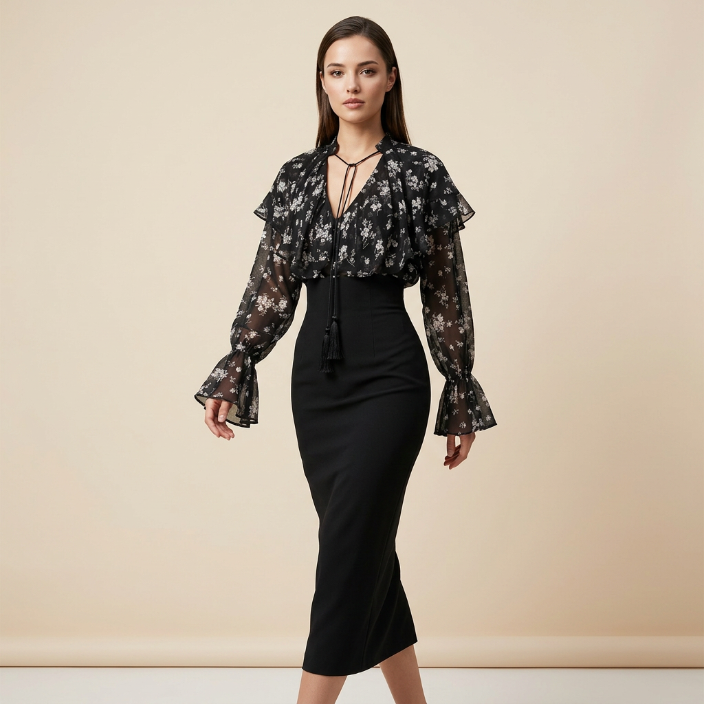 Friday Night Floral Chiffon Skirt Set for Women-Vyana Collective