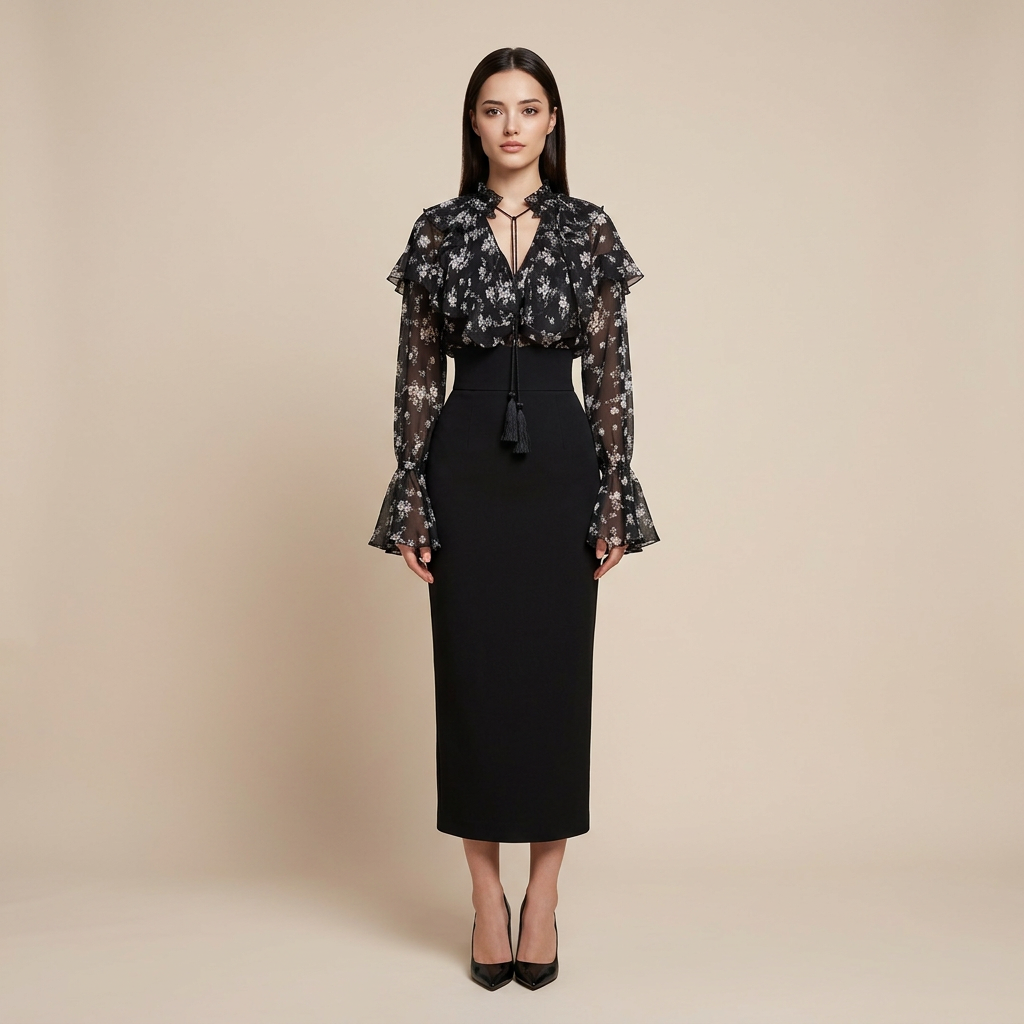 Friday Night Floral Chiffon Skirt Set for Women-Vyana Collective
