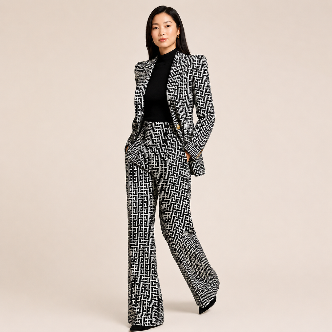 Geometric Jacquard One-Button Blazer and Wide Leg Pants Set for Meetings Ready and Executive Elegance Women-Vyana Collective