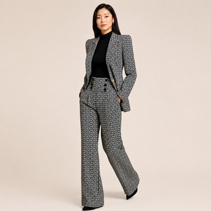 Geometric Jacquard One-Button Blazer and Wide Leg Pants Set for Meetings Ready and Executive Elegance Women-Vyana Collective