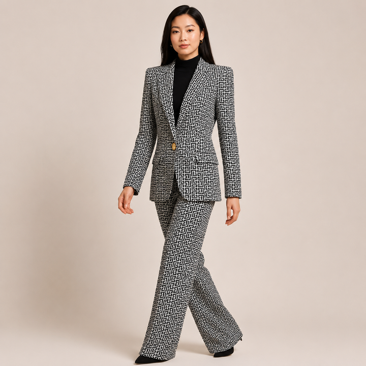 Geometric Jacquard One-Button Blazer and Wide Leg Pants Set for Meetings Ready and Executive Elegance Women-Vyana Collective