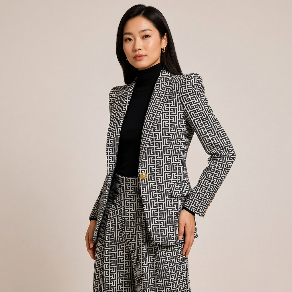 Geometric Jacquard One-Button Blazer and Wide Leg Pants Set for Meetings Ready and Executive Elegance Women-Vyana Collective
