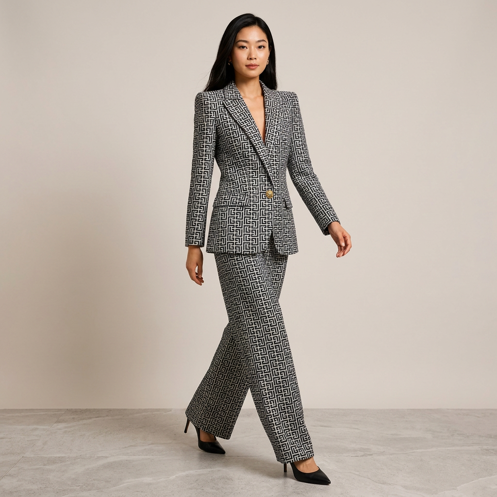 Geometric Jacquard One-Button Blazer and Wide Leg Pants Set for Meetings Ready and Executive Elegance Women-Vyana Collective