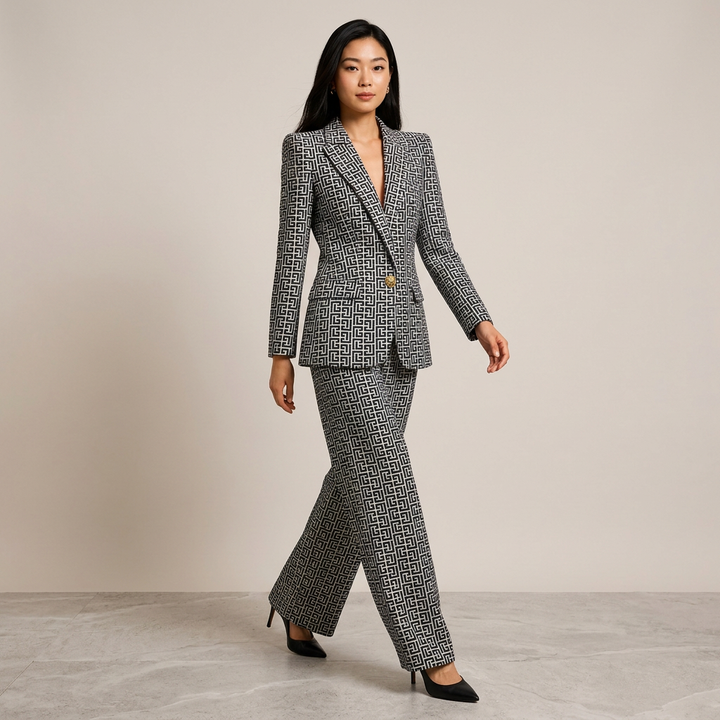 Geometric Jacquard One-Button Blazer and Wide Leg Pants Set for Meetings Ready and Executive Elegance Women-Vyana Collective