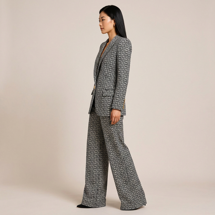 Geometric Jacquard One-Button Blazer and Wide Leg Pants Set for Meetings Ready and Executive Elegance Women-Vyana Collective