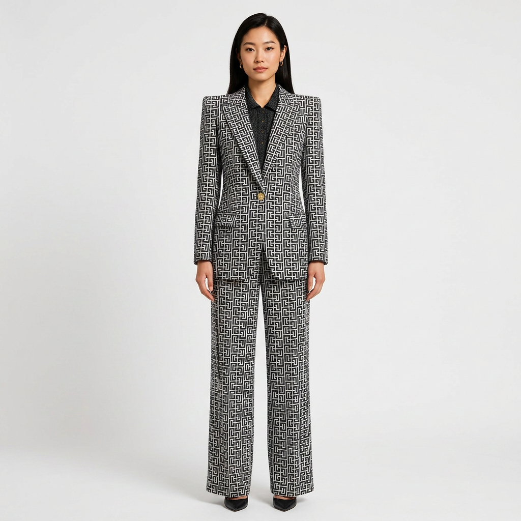Geometric Jacquard One-Button Blazer and Wide Leg Pants Set for Meetings Ready and Executive Elegance Women-Vyana Collective
