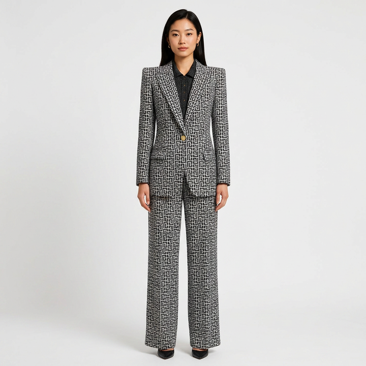 Geometric Jacquard One-Button Blazer and Wide Leg Pants Set for Meetings Ready and Executive Elegance Women-Vyana Collective