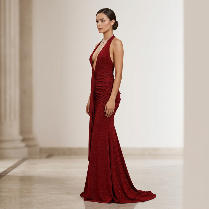 Glitter Halter Neck Mermaid Evening Gown with Plunge Neckline-Vyana Collective