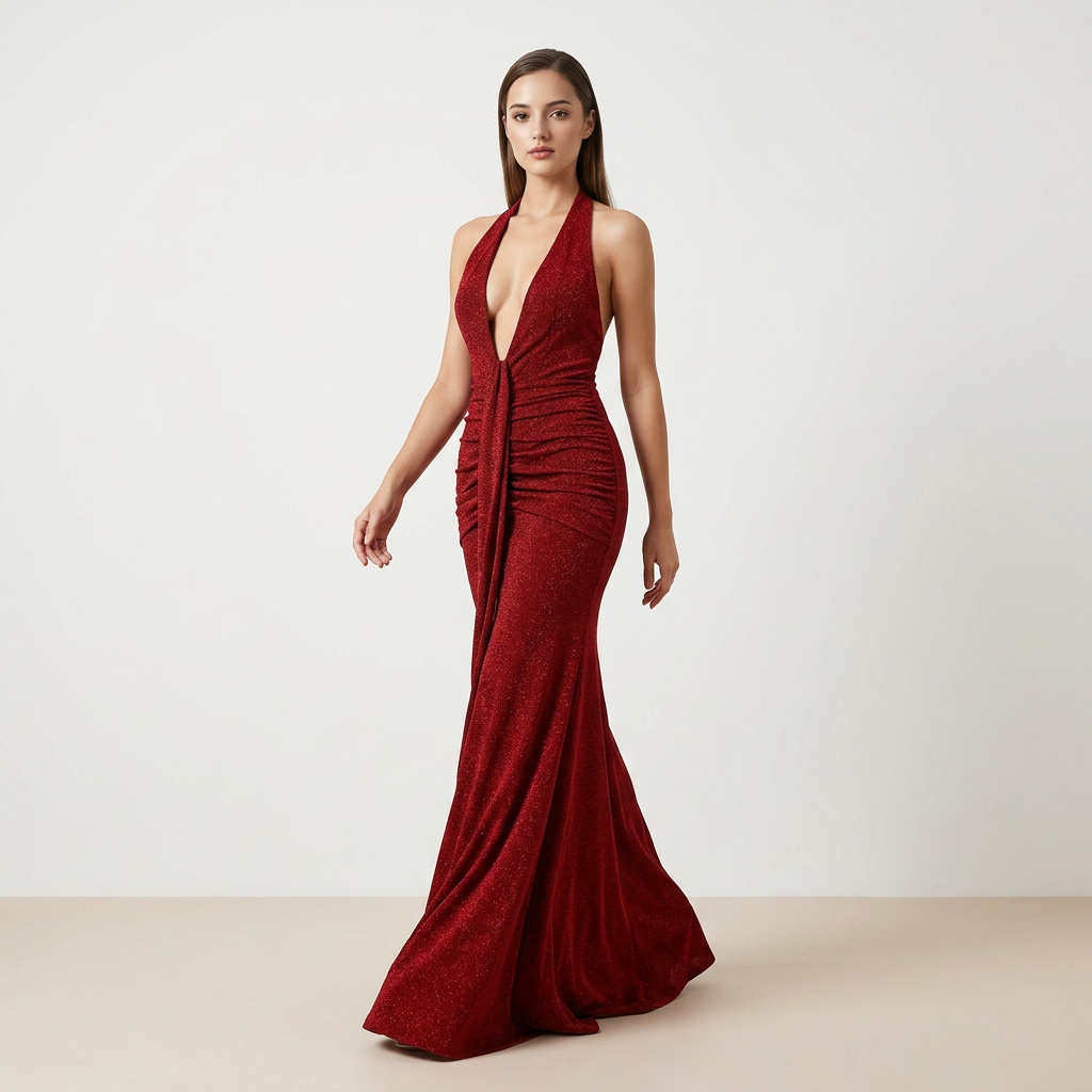 Glitter Halter Neck Mermaid Evening Gown with Plunge Neckline-Vyana Collective