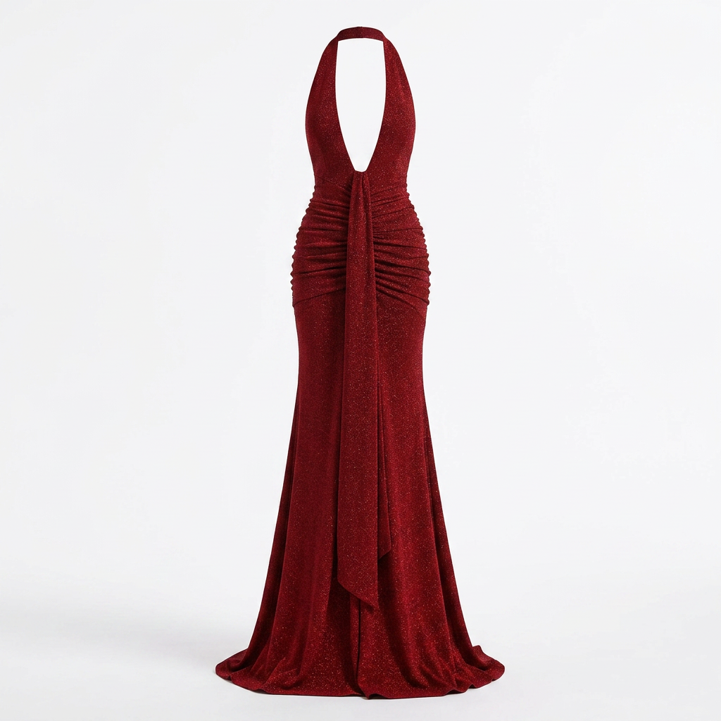 Glitter Halter Neck Mermaid Evening Gown with Plunge Neckline-Vyana Collective