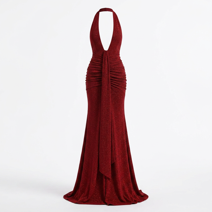 Glitter Halter Neck Mermaid Evening Gown with Plunge Neckline-Vyana Collective