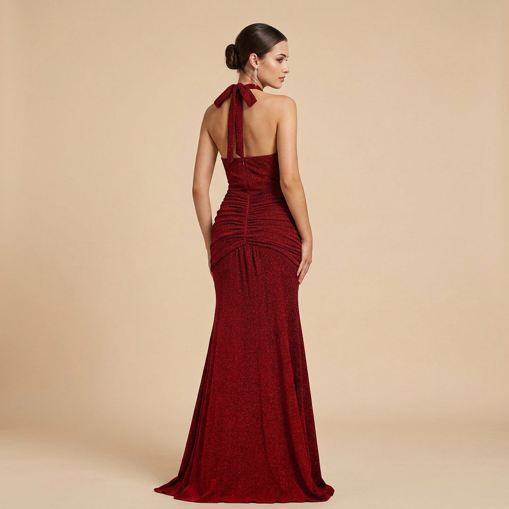 Glitter Halter Neck Mermaid Evening Gown with Plunge Neckline-Vyana Collective