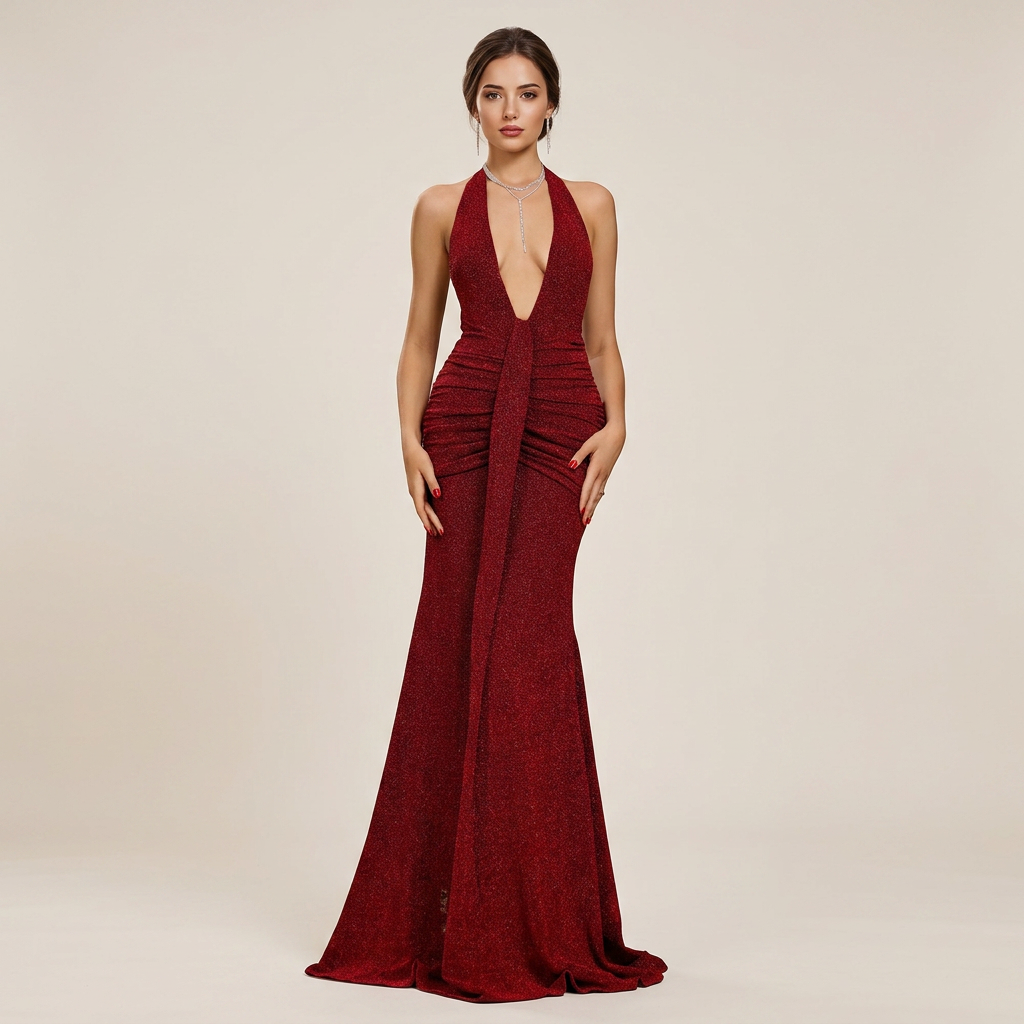 Glitter Halter Neck Mermaid Evening Gown with Plunge Neckline-Vyana Collective