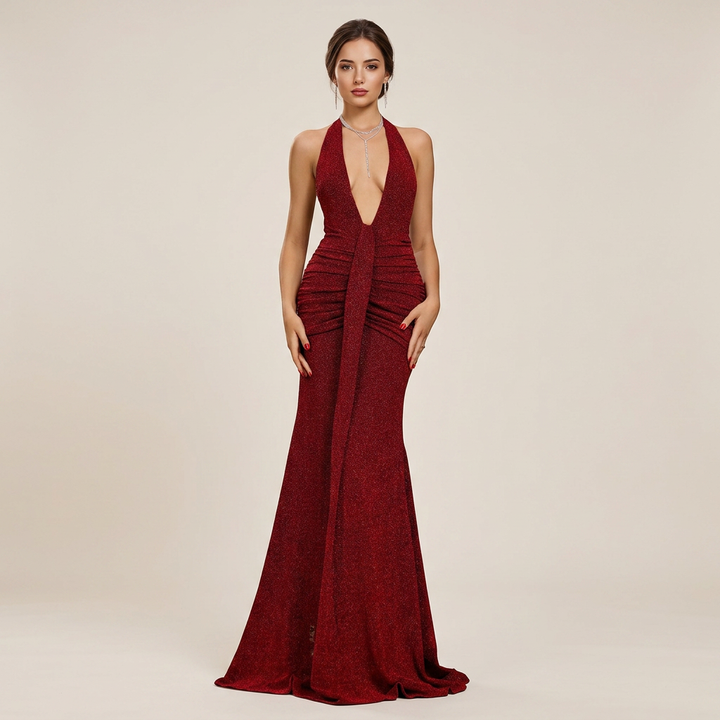 Glitter Halter Neck Mermaid Evening Gown with Plunge Neckline-Vyana Collective