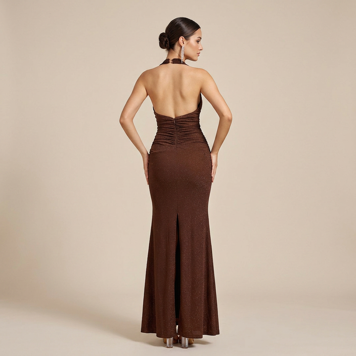 Glitter Halter Neck Ruched Mermaid Evening Gown-Vyana Collective