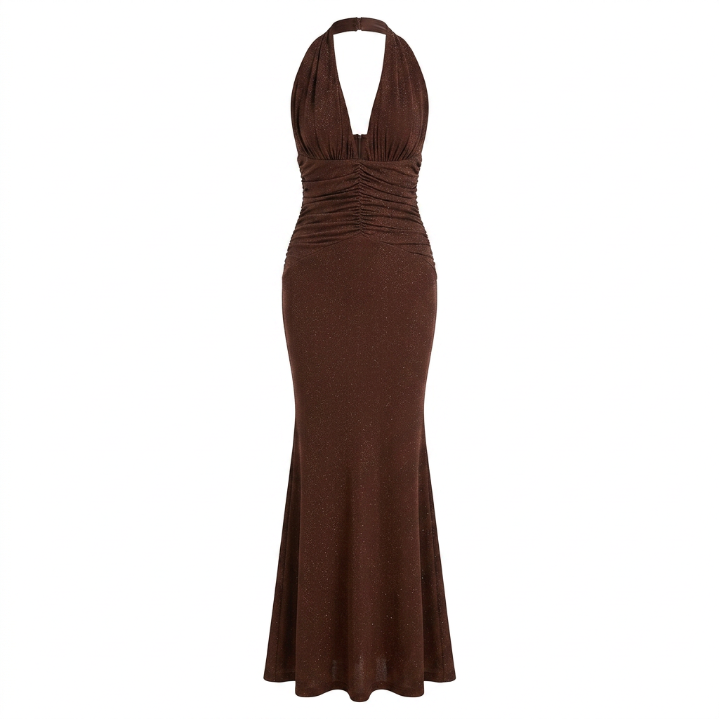 Glitter Halter Neck Ruched Mermaid Evening Gown-Vyana Collective