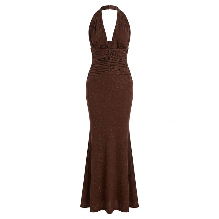 Glitter Halter Neck Ruched Mermaid Evening Gown-Vyana Collective