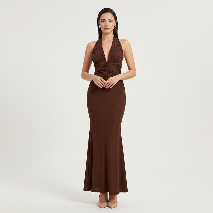 Glitter Halter Neck Ruched Mermaid Evening Gown-Vyana Collective