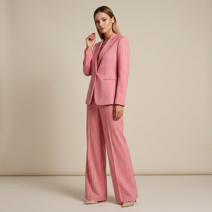 Glitter Pinstripe Blazer and Straight Leg Pants Set for Meetings Ready Women-Vyana Collective