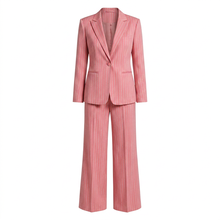 Glitter Pinstripe Blazer and Straight Leg Pants Set for Meetings Ready Women-Vyana Collective