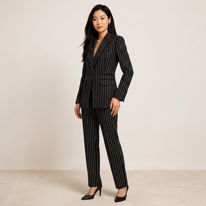 Glitter Pinstripe Blazer and Straight Leg Pants Set for Meetings Ready Women-Vyana Collective