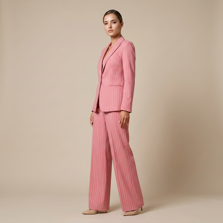 Glitter Pinstripe Blazer and Straight Leg Pants Set for Meetings Ready Women-Vyana Collective