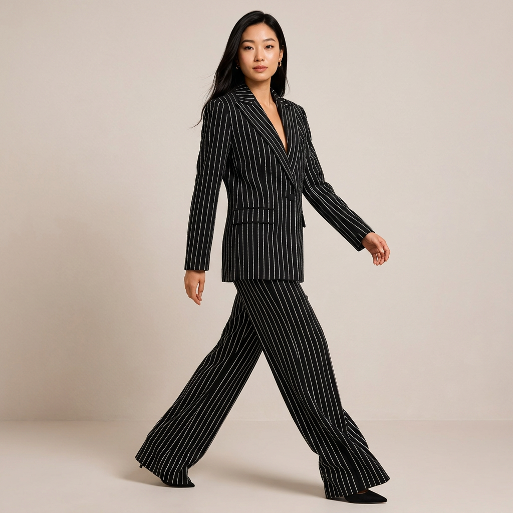 Glitter Pinstripe Blazer and Straight Leg Pants Set for Meetings Ready Women-Vyana Collective