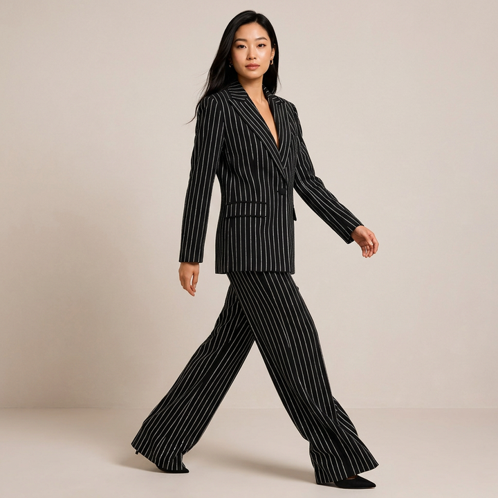 Glitter Pinstripe Blazer and Straight Leg Pants Set for Meetings Ready Women-Vyana Collective